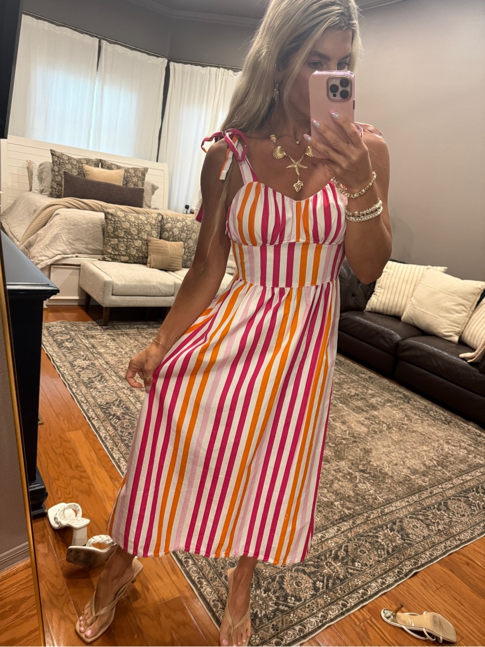 Striped Pink & Orange Tie-Shoulder Midi Dress